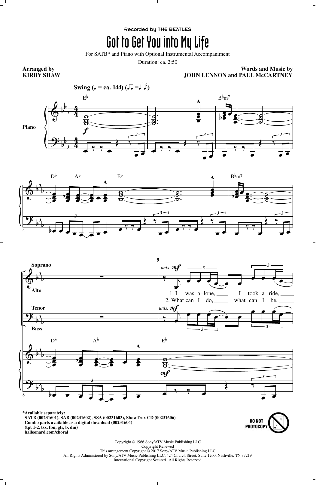 The Beatles Got To Get You Into My Life (arr. Kirby Shaw) Sheet Music Notes & Chords for SATB - Download or Print PDF