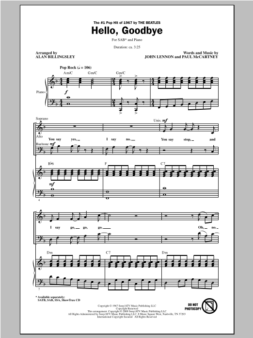 The Beatles Hello, Goodbye (arr. Alan Billingsley) Sheet Music Notes & Chords for SAB - Download or Print PDF