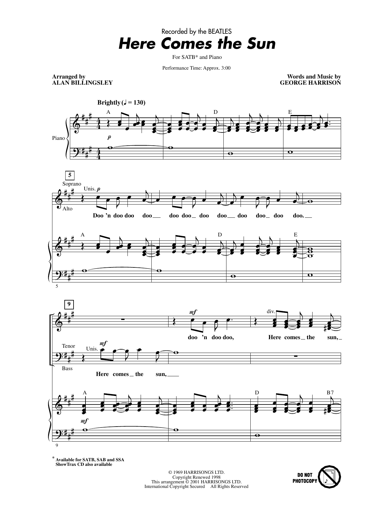 The Beatles Here Comes The Sun (arr. Alan Billingsley) Sheet Music Notes & Chords for SAB Choir - Download or Print PDF