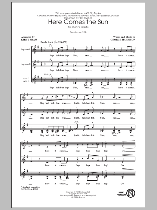 The Beatles Here Comes The Sun (arr. Kirby Shaw) Sheet Music Notes & Chords for SATB - Download or Print PDF