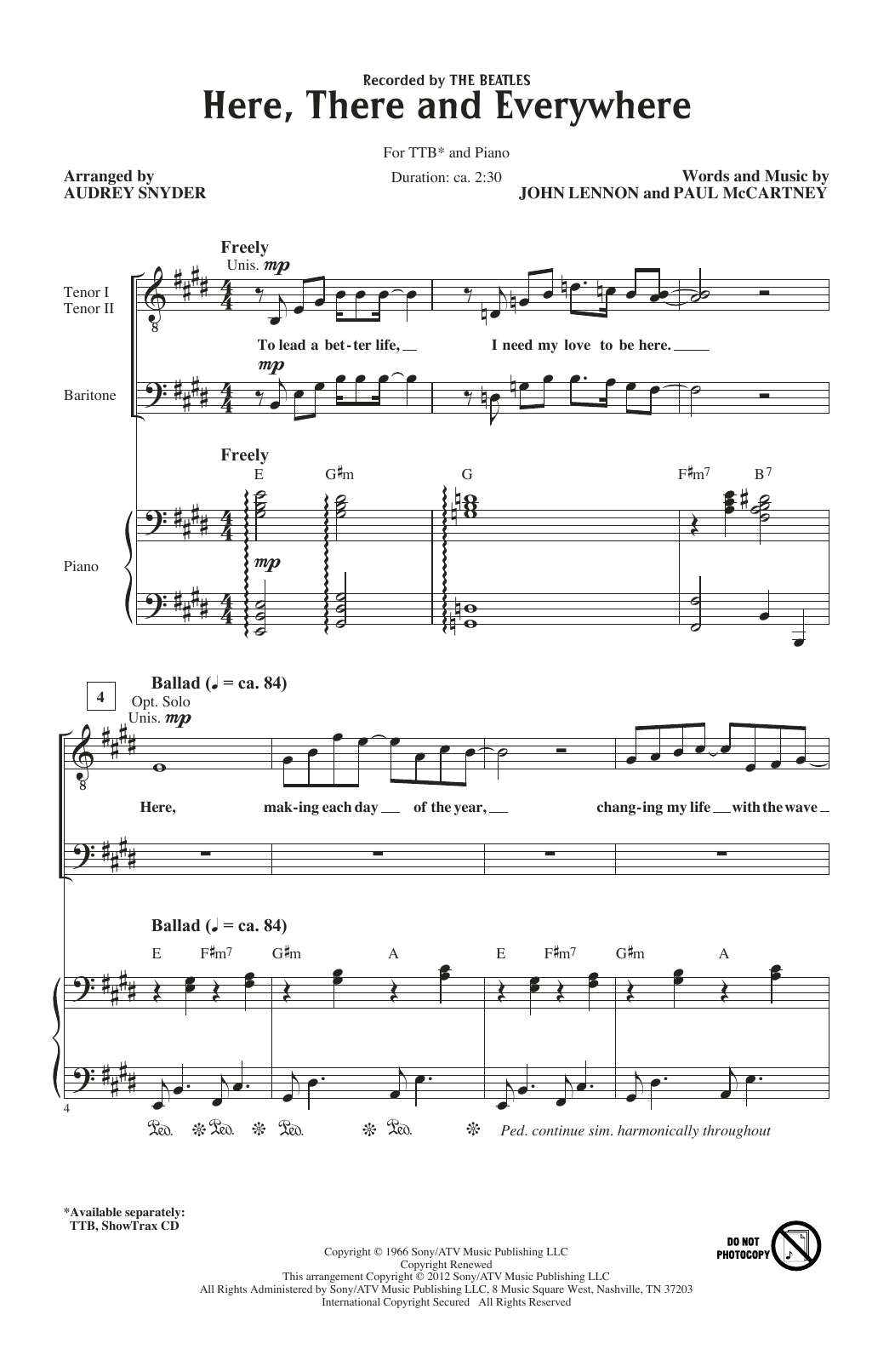 The Beatles Here, There And Everywhere (arr. Audrey Snyder) Sheet Music Notes & Chords for TTB Choir - Download or Print PDF