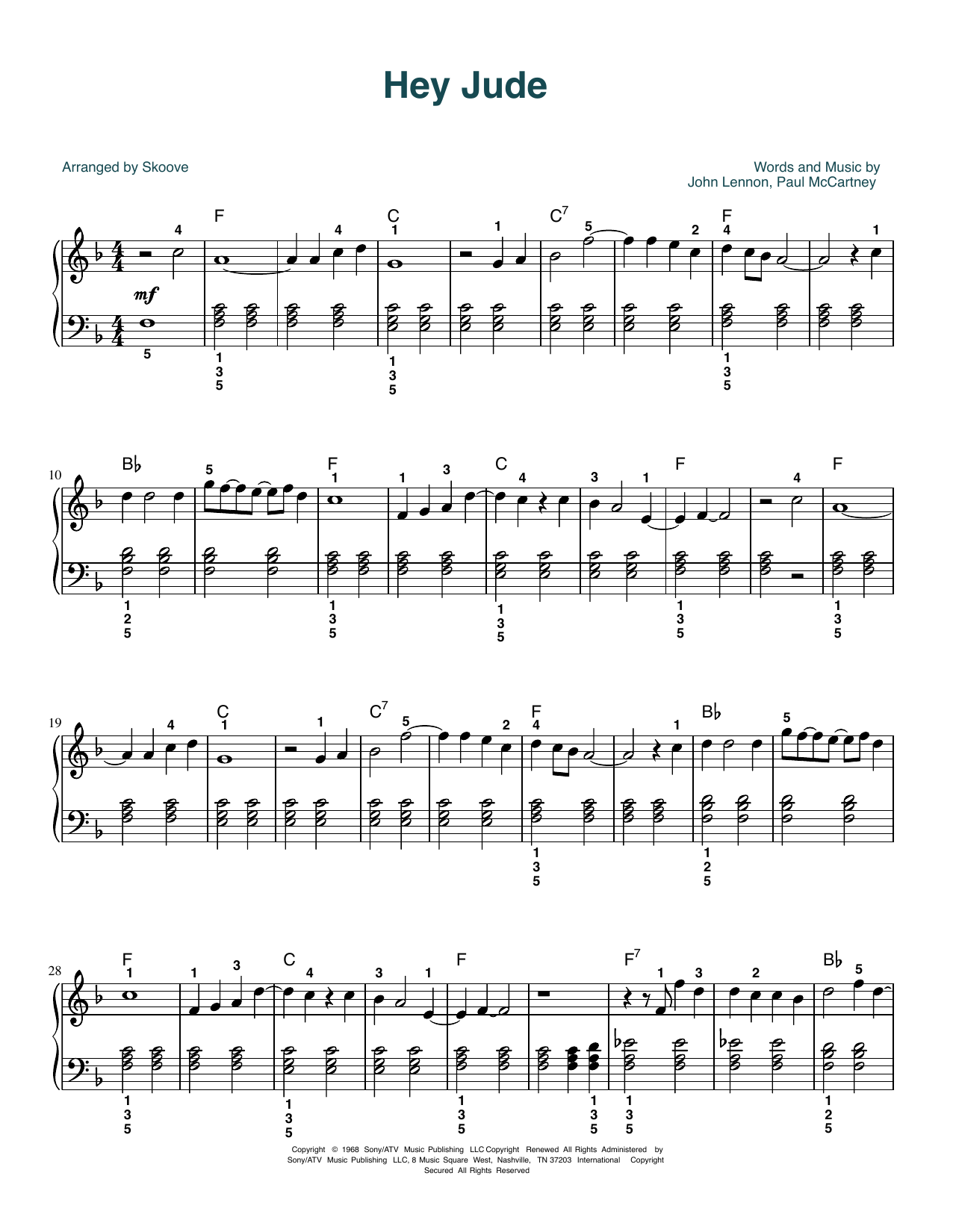 The Beatles Hey Jude (arr. Skoove) Sheet Music Notes & Chords for Easy Piano - Download or Print PDF