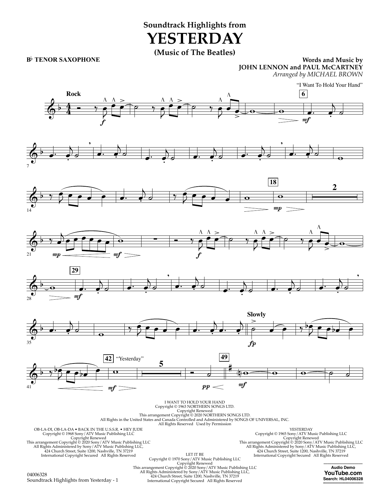 The Beatles Highlights from Yesterday (Music Of The Beatles) (arr. Michael Brown) - Bb Tenor Saxophone Sheet Music Notes & Chords for Concert Band - Download or Print PDF