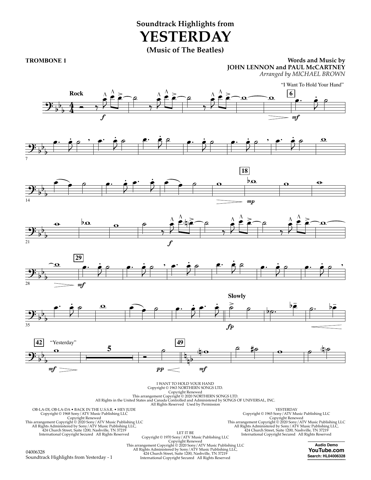 The Beatles Highlights from Yesterday (Music Of The Beatles) (arr. Michael Brown) - Trombone 1 Sheet Music Notes & Chords for Concert Band - Download or Print PDF