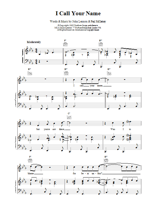 The Beatles I Call Your Name Sheet Music Notes & Chords for Lyrics & Chords - Download or Print PDF