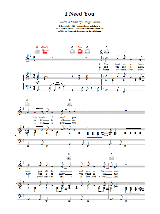The Beatles I Need You Sheet Music Notes & Chords for Piano, Vocal & Guitar (Right-Hand Melody) - Download or Print PDF