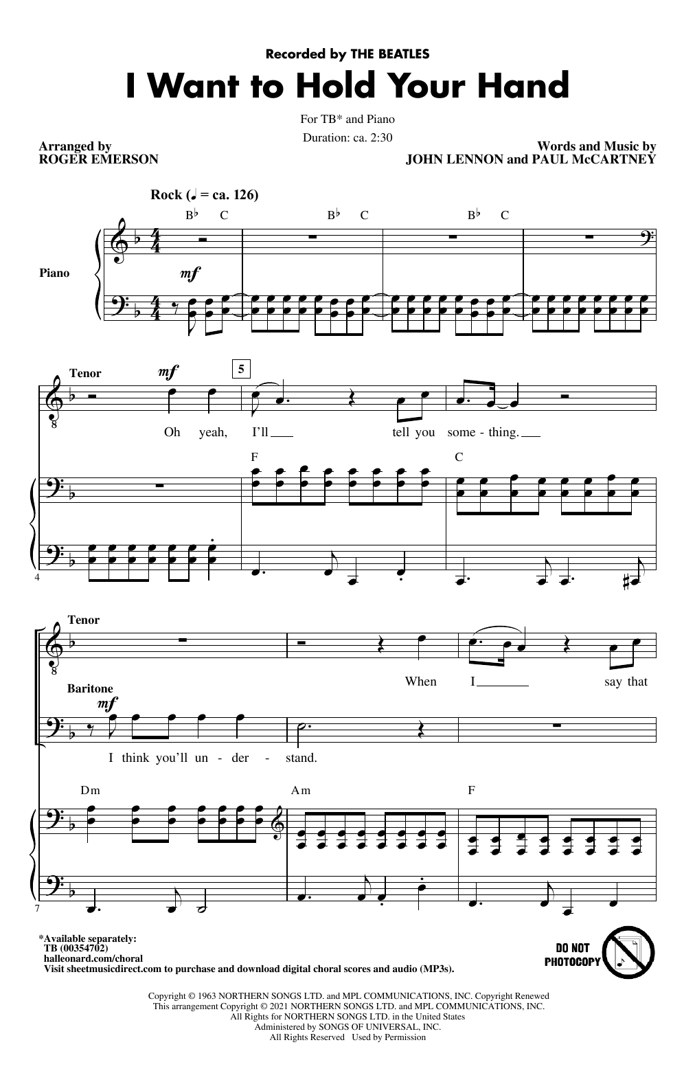 The Beatles I Want To Hold Your Hand (arr. Roger Emerson) Sheet Music Notes & Chords for TB Choir - Download or Print PDF