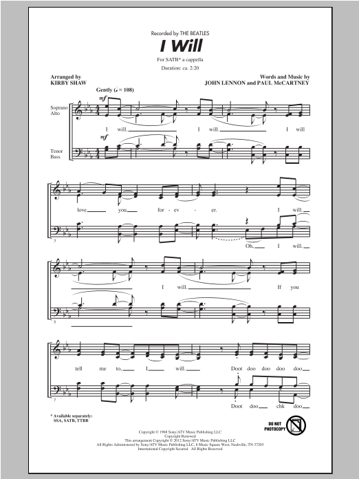 The Beatles I Will (arr. Kirby Shaw) Sheet Music Notes & Chords for SATB - Download or Print PDF
