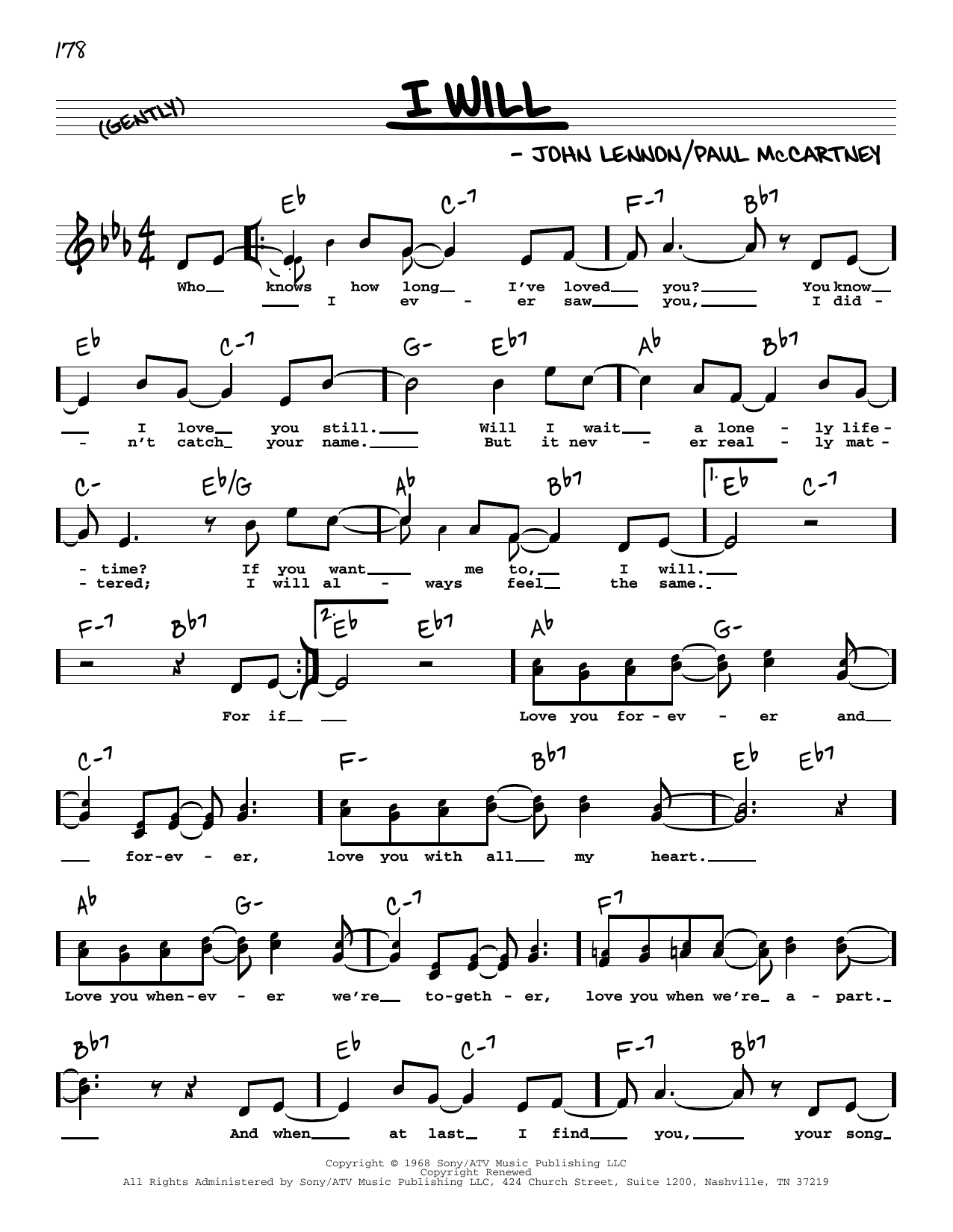 The Beatles I Will (High Voice) Sheet Music Notes & Chords for Real Book – Melody, Lyrics & Chords - Download or Print PDF