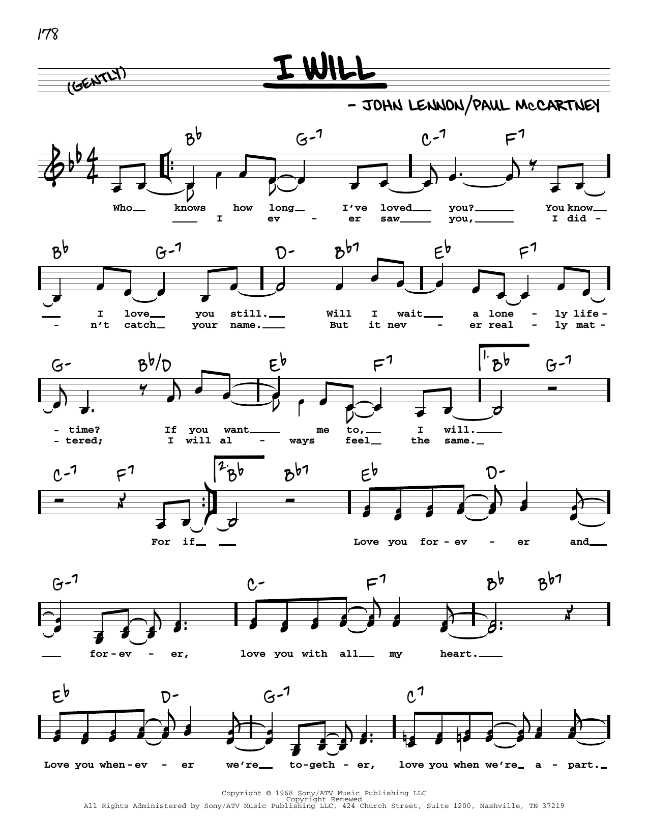 The Beatles I Will (Low Voice) Sheet Music Notes & Chords for Real Book – Melody, Lyrics & Chords - Download or Print PDF