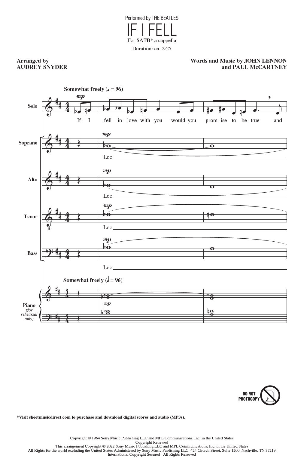 The Beatles If I Fell (arr. Audrey Snyder) Sheet Music Notes & Chords for SATB Choir - Download or Print PDF