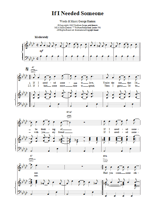 The Beatles If I Needed Someone Sheet Music Notes & Chords for Piano, Vocal & Guitar (Right-Hand Melody) - Download or Print PDF