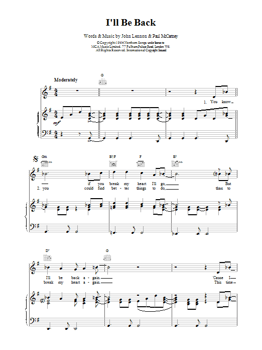 The Beatles I'll Be Back Sheet Music Notes & Chords for Easy Piano - Download or Print PDF