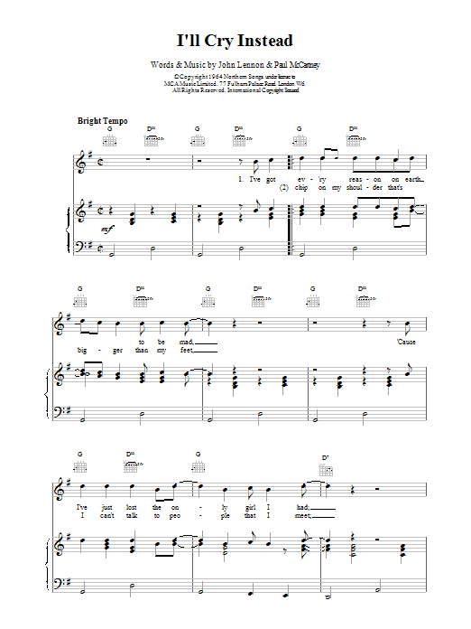 The Beatles I'll Cry Instead Sheet Music Notes & Chords for Lyrics & Chords - Download or Print PDF