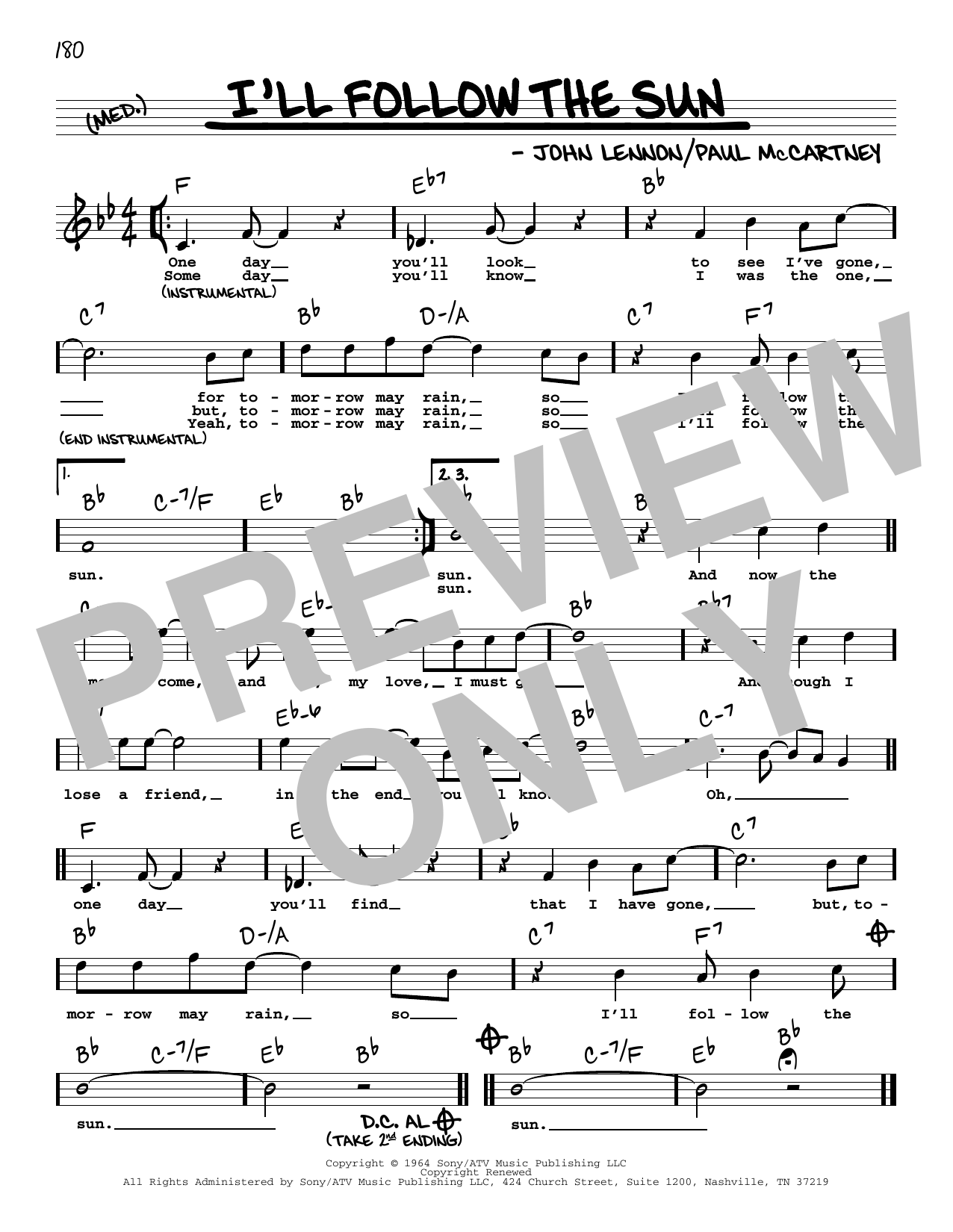 The Beatles I'll Follow The Sun (High Voice) Sheet Music Notes & Chords for Real Book – Melody, Lyrics & Chords - Download or Print PDF