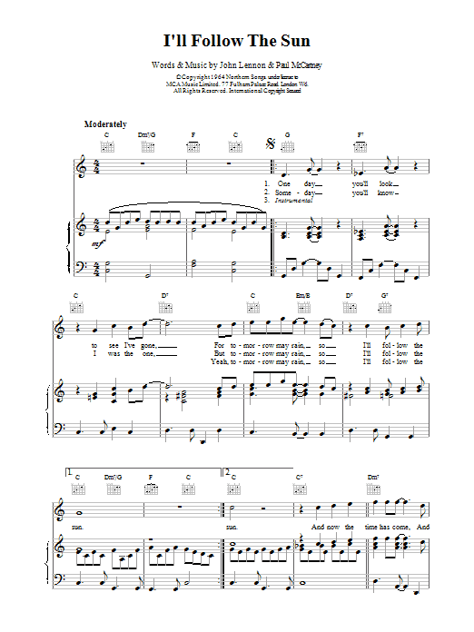 The Beatles I'll Follow The Sun Sheet Music Notes & Chords for Melody Line, Lyrics & Chords - Download or Print PDF