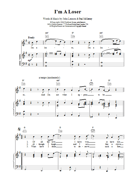 The Beatles I'm A Loser Sheet Music Notes & Chords for Violin - Download or Print PDF