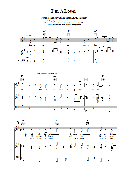 The Beatles I'm A Loser Sheet Music Notes & Chords for Guitar Tab - Download or Print PDF