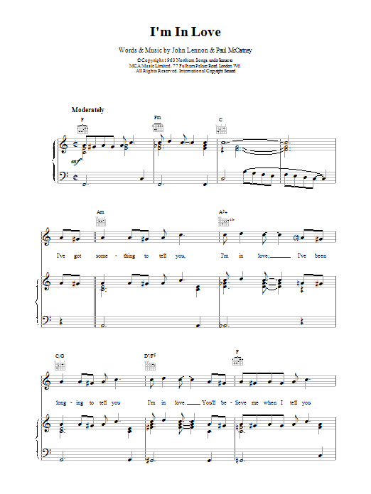 The Beatles I'm In Love Sheet Music Notes & Chords for Piano, Vocal & Guitar (Right-Hand Melody) - Download or Print PDF