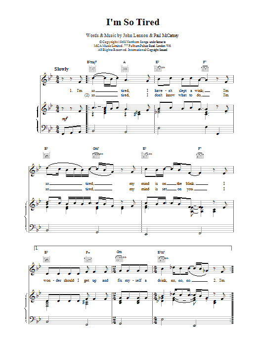 The Beatles I'm So Tired Sheet Music Notes & Chords for Lyrics & Chords - Download or Print PDF