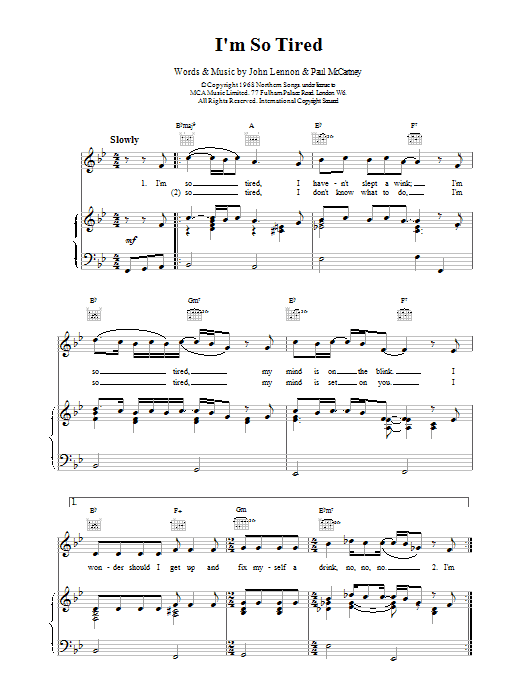 The Beatles I'm So Tired Sheet Music Notes & Chords for Melody Line, Lyrics & Chords - Download or Print PDF