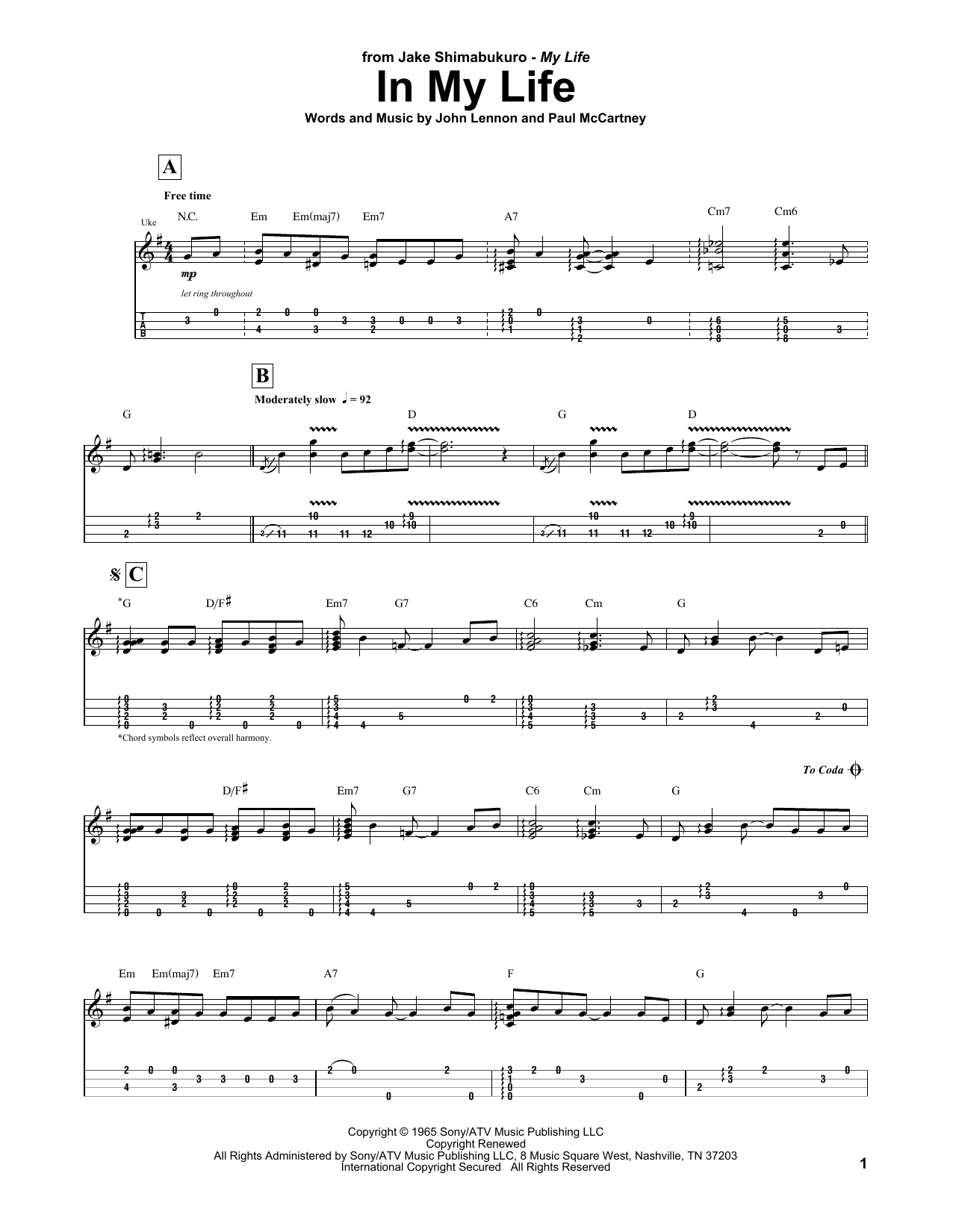 The Beatles In My Life (arr. Jake Shimabukuro) Sheet Music Notes & Chords for UKETAB - Download or Print PDF