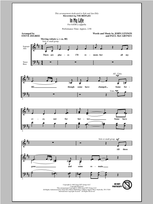 The Beatles In My Life (arr. Steve Zegree) Sheet Music Notes & Chords for SATB - Download or Print PDF