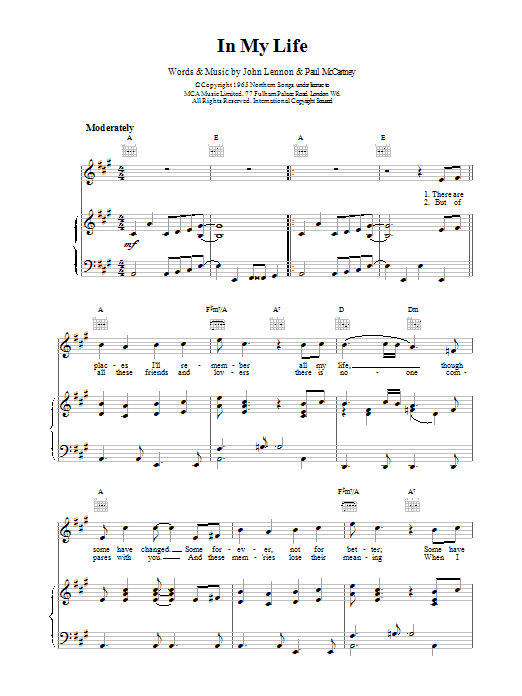 The Beatles In My Life Sheet Music Notes & Chords for Piano, Vocal & Guitar - Download or Print PDF