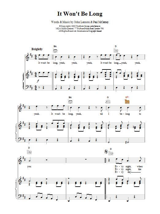 The Beatles It Won't Be Long Sheet Music Notes & Chords for Piano, Vocal & Guitar (Right-Hand Melody) - Download or Print PDF