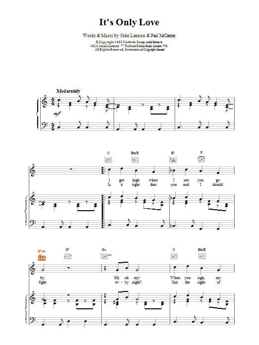 The Beatles It's Only Love Sheet Music Notes & Chords for Piano, Vocal & Guitar (Right-Hand Melody) - Download or Print PDF