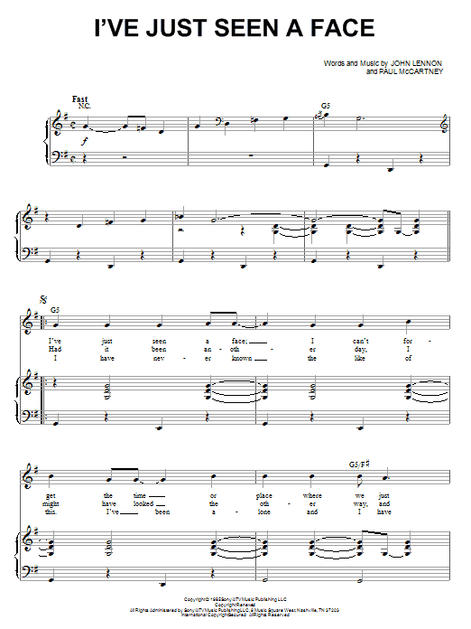 The Beatles I've Just Seen A Face Sheet Music Notes & Chords for Piano, Vocal & Guitar (Right-Hand Melody) - Download or Print PDF