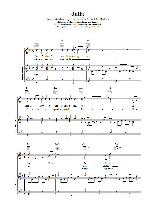 The Beatles Julia Sheet Music Notes & Chords for Lyrics & Chords - Download or Print PDF