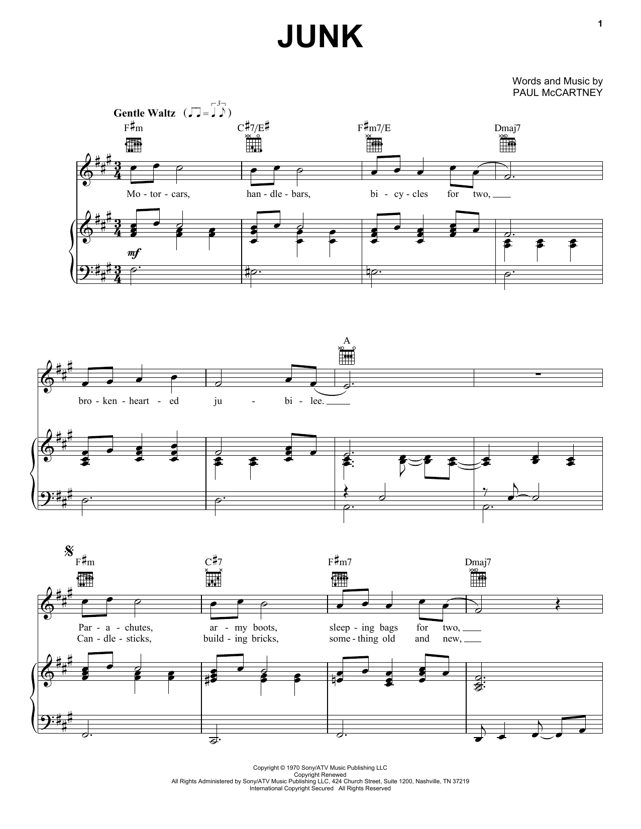 The Beatles Junk Sheet Music Notes & Chords for Easy Piano - Download or Print PDF