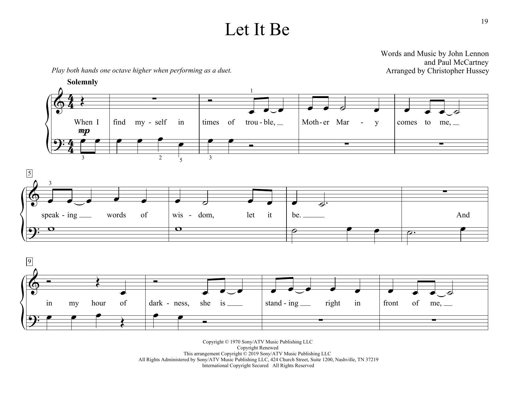 The Beatles Let It Be (arr. Christopher Hussey) Sheet Music Notes & Chords for Piano Duet - Download or Print PDF