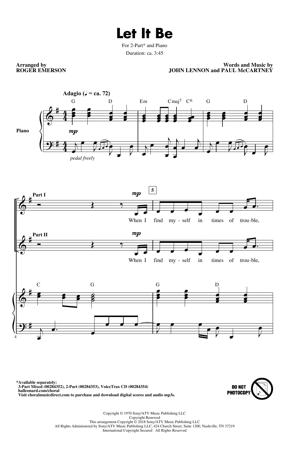 The Beatles Let It Be (arr. Roger Emerson) Sheet Music Notes & Chords for 2-Part Choir - Download or Print PDF