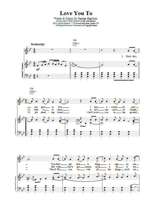 The Beatles Love You Too Sheet Music Notes & Chords for Piano, Vocal & Guitar (Right-Hand Melody) - Download or Print PDF