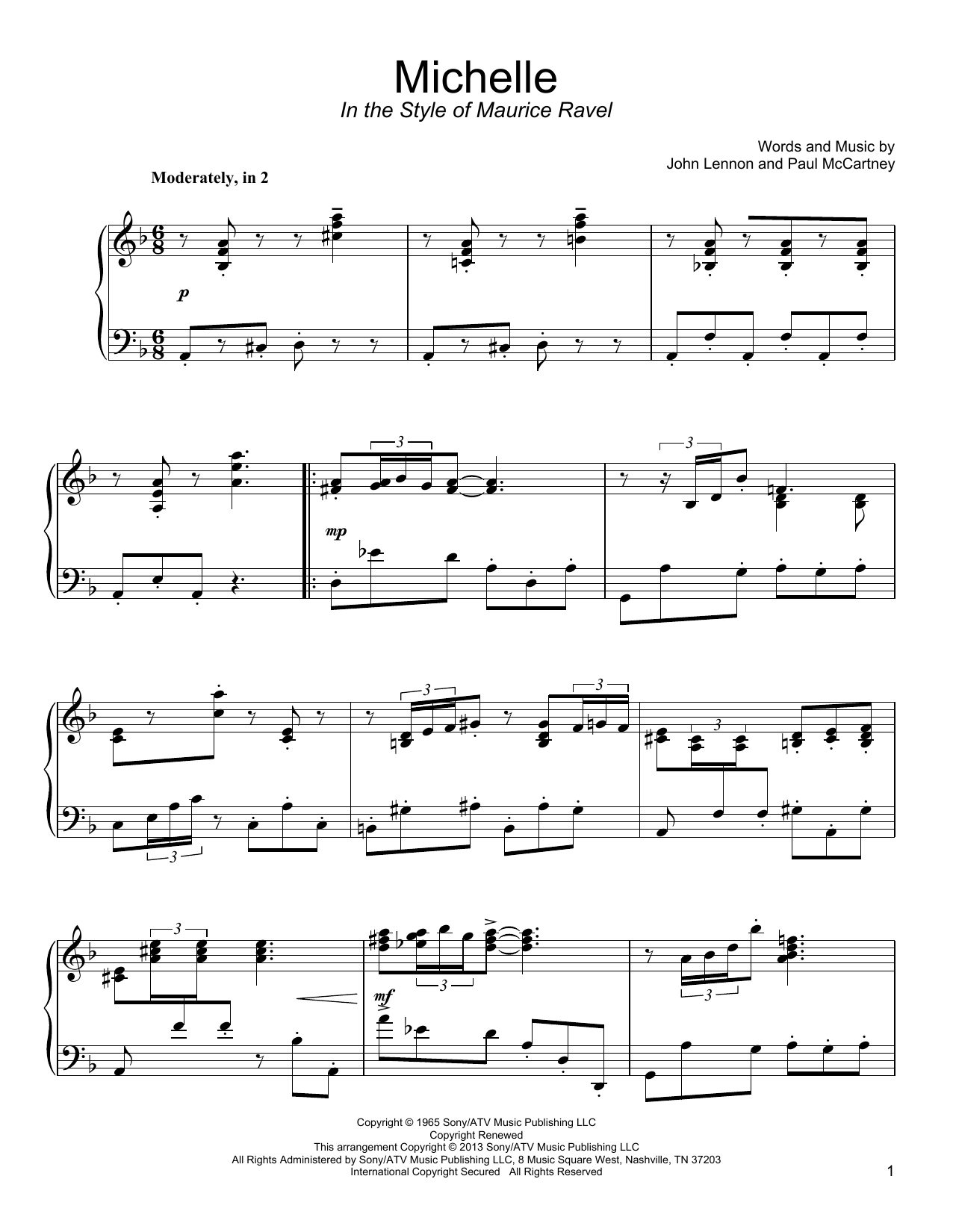The Beatles Michelle [Classical version] Sheet Music Notes & Chords for Piano - Download or Print PDF