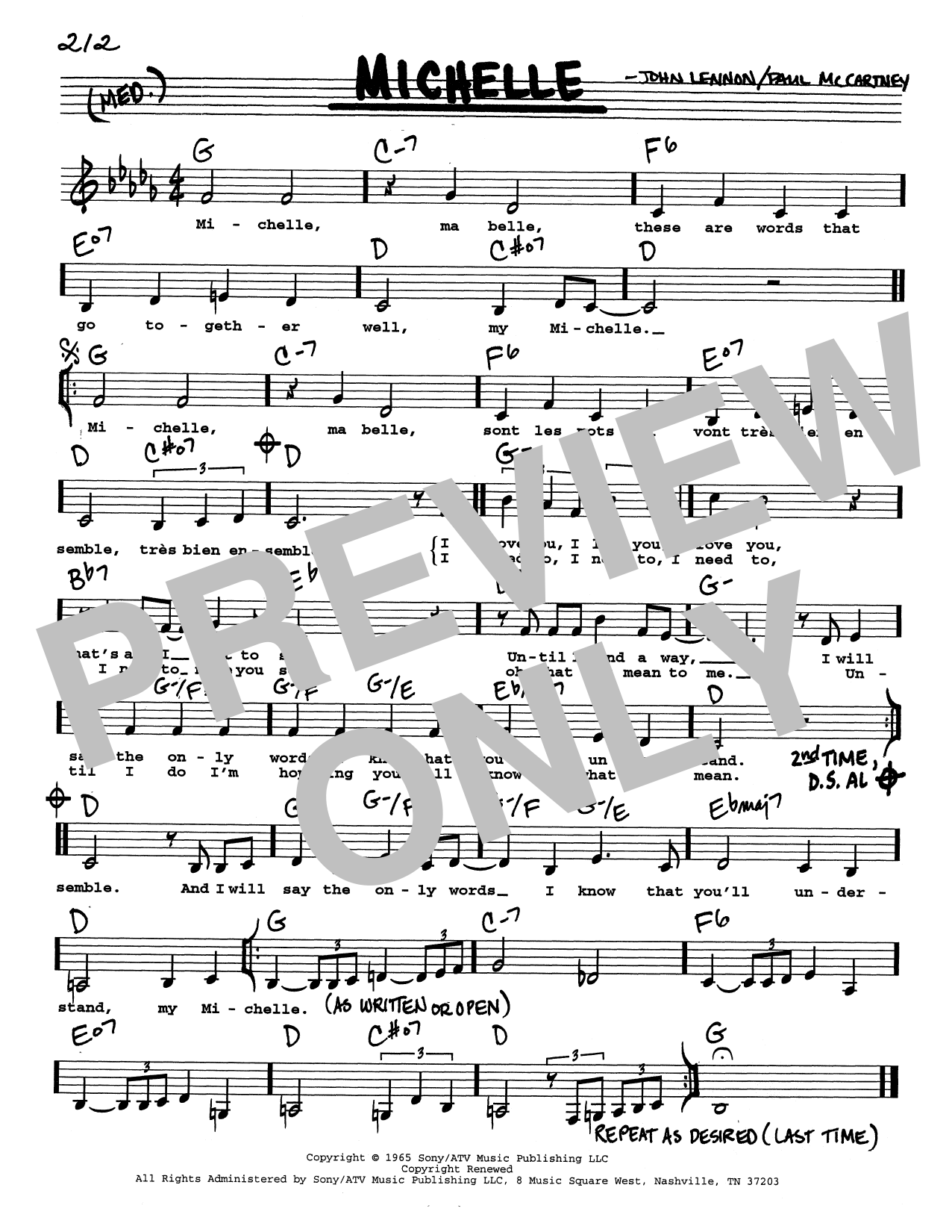 The Beatles Michelle (Low Voice) Sheet Music Notes & Chords for Real Book – Melody, Lyrics & Chords - Download or Print PDF