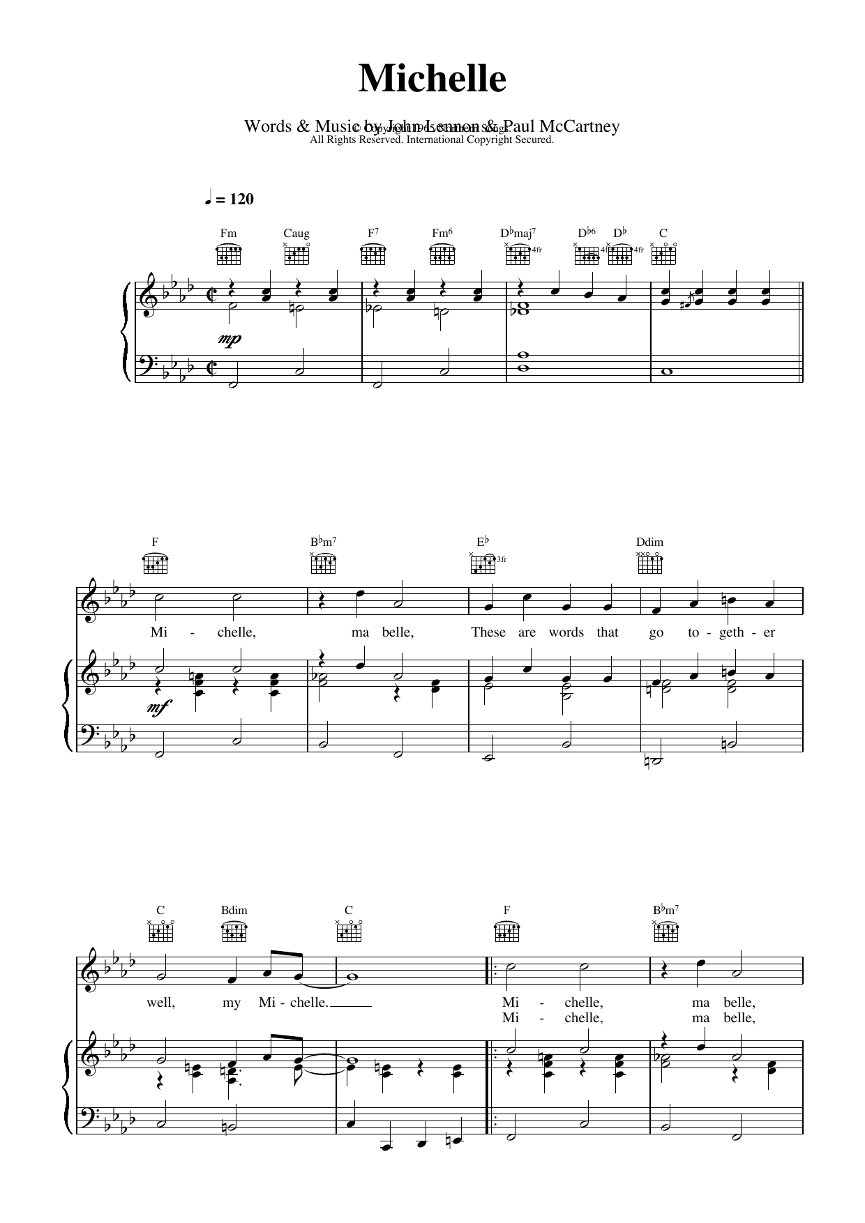 The Beatles Michelle Sheet Music Notes & Chords for Melody Line, Lyrics & Chords - Download or Print PDF