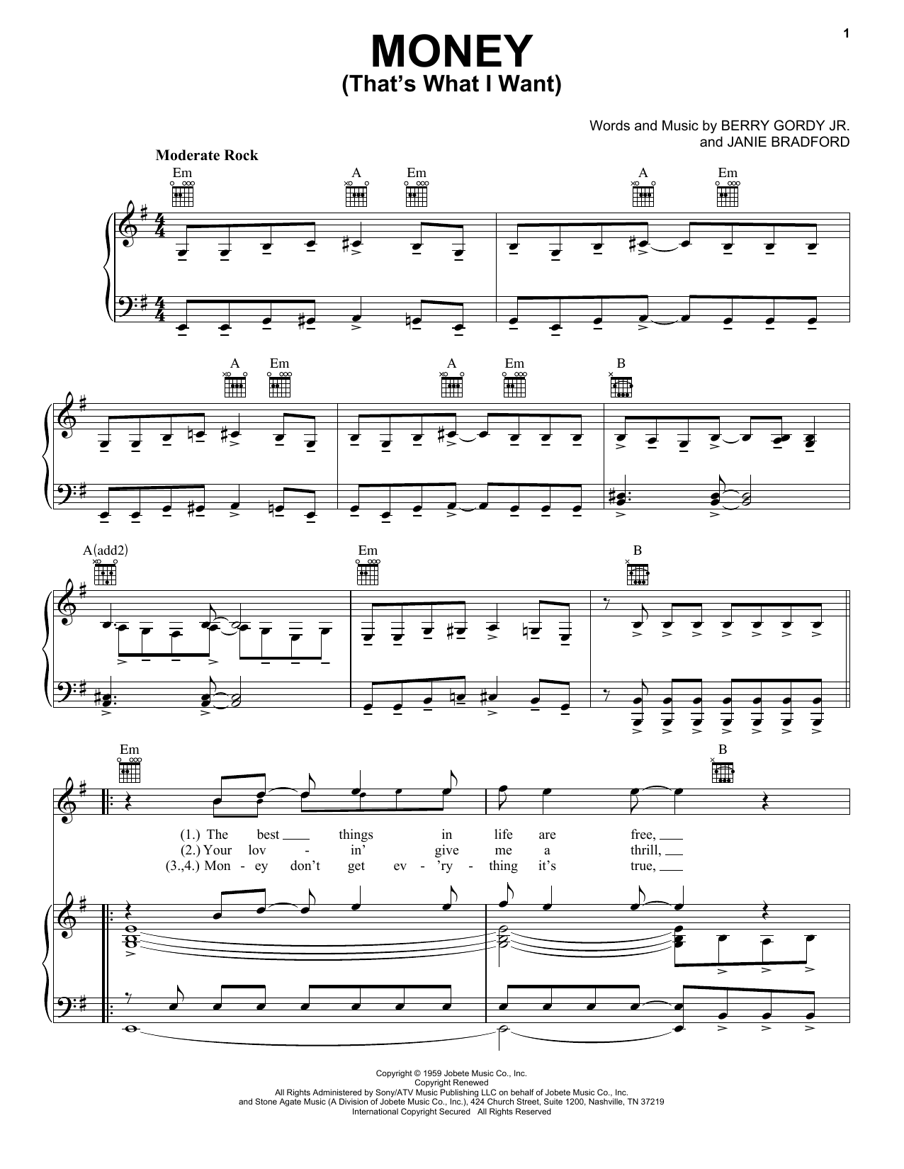 The Beatles Money (That's What I Want) Sheet Music Notes & Chords for Piano, Vocal & Guitar (Right-Hand Melody) - Download or Print PDF