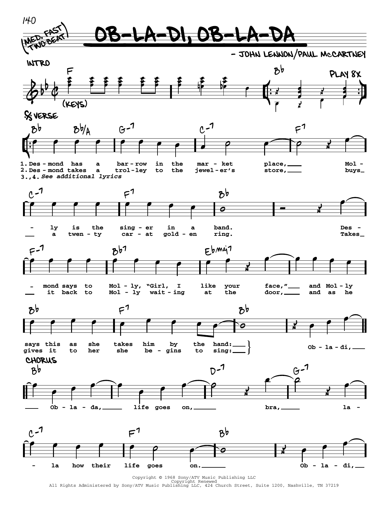 The Beatles Ob-La-Di, Ob-La-Da [Jazz version] Sheet Music Notes & Chords for Real Book – Melody, Lyrics & Chords - Download or Print PDF