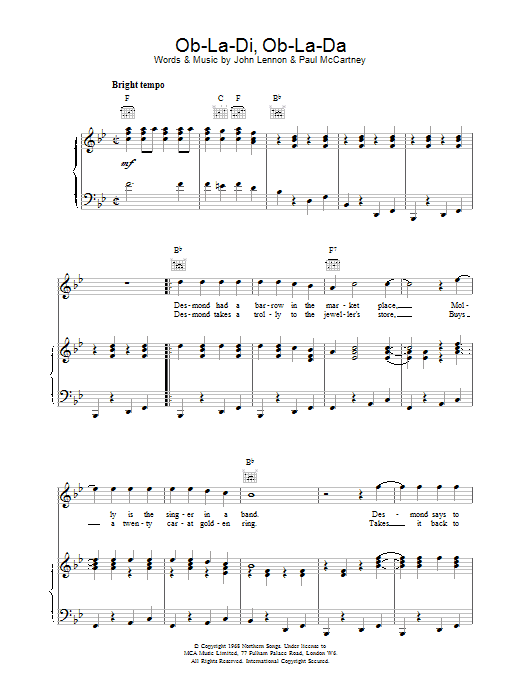 The Beatles Ob-La-Di, Ob-La-Da Sheet Music Notes & Chords for Lyrics & Chords - Download or Print PDF