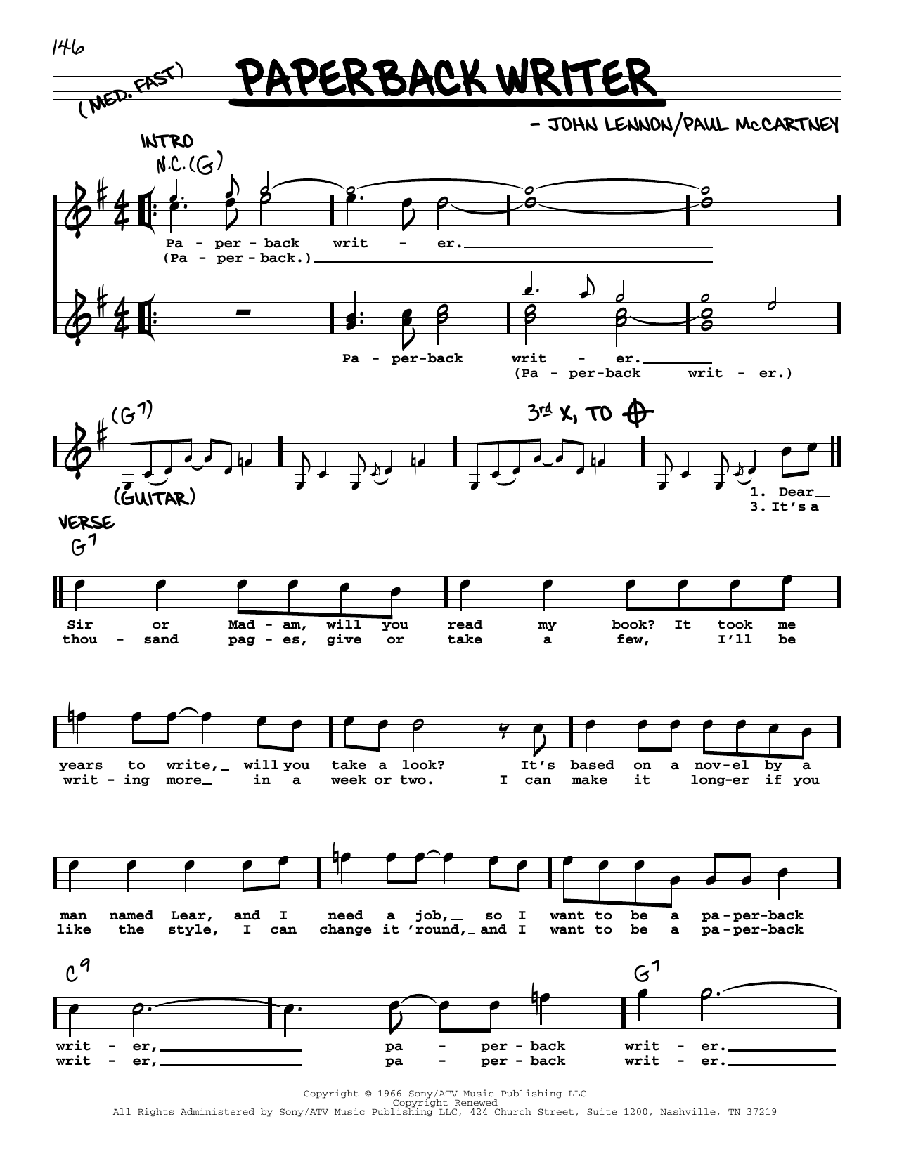 The Beatles Paperback Writer [Jazz version] Sheet Music Notes & Chords for Real Book – Melody, Lyrics & Chords - Download or Print PDF
