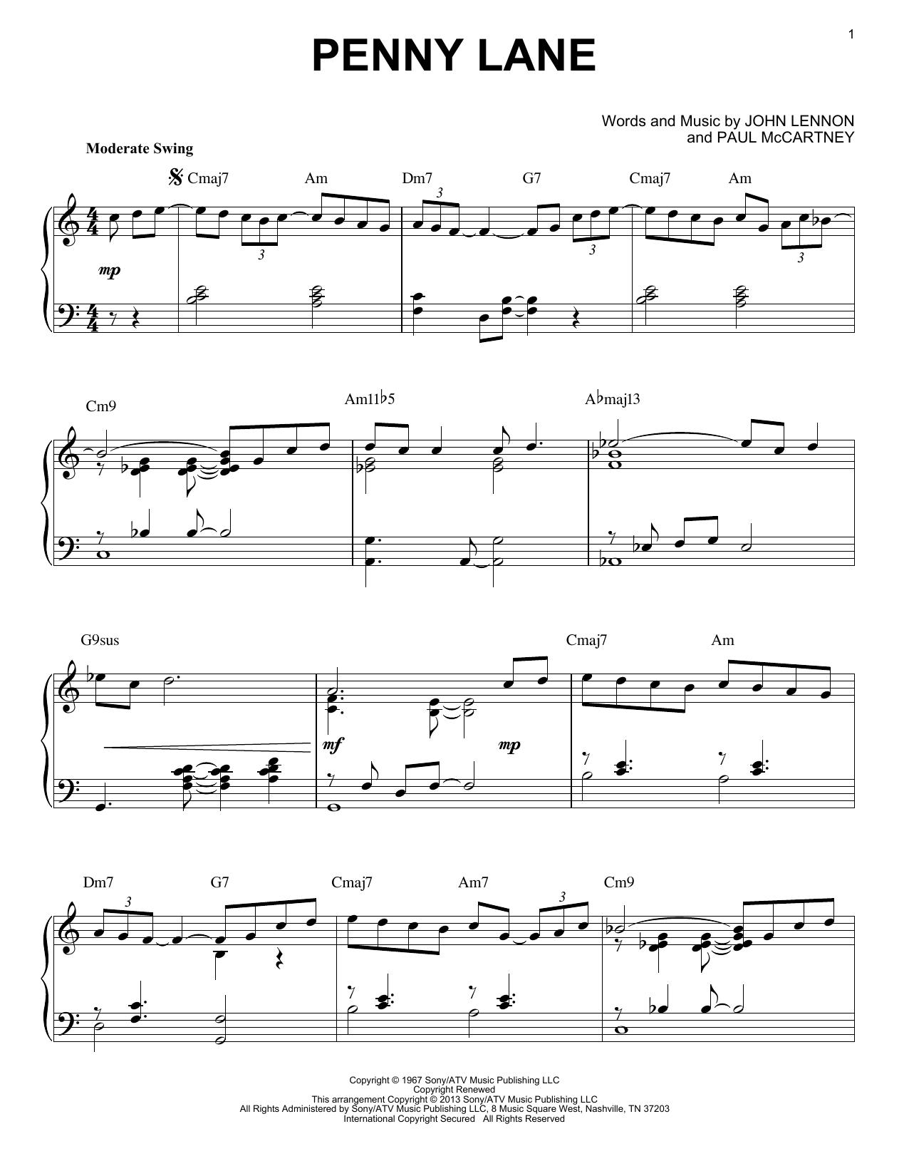 The Beatles Penny Lane [Jazz version] (arr. Brent Edstrom) Sheet Music Notes & Chords for Piano - Download or Print PDF