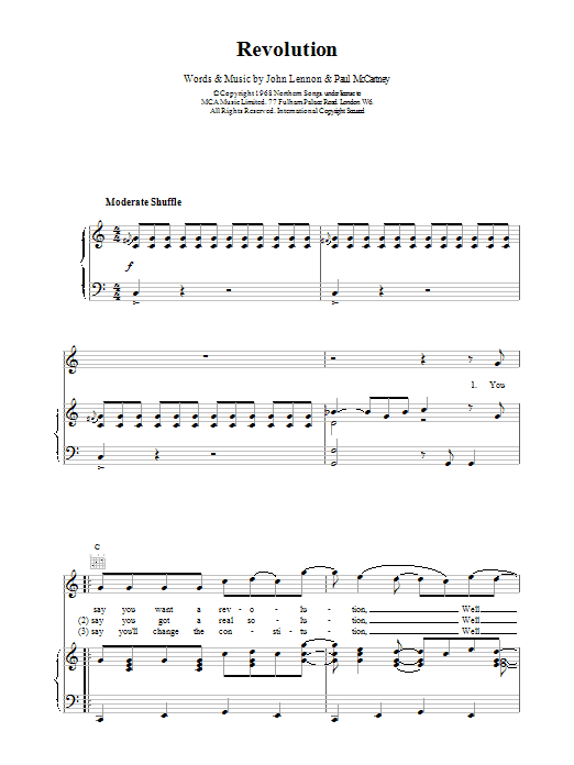 The Beatles Revolution Sheet Music Notes & Chords for Piano, Vocal & Guitar (Right-Hand Melody) - Download or Print PDF