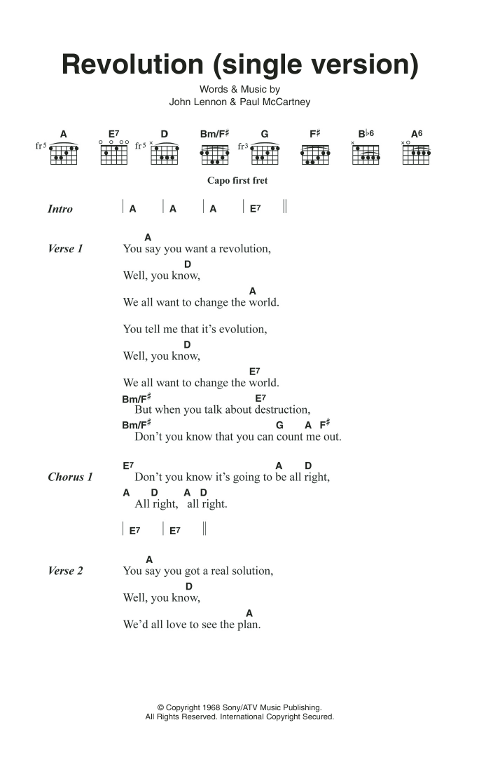 The Beatles Revolution (Single Version) Sheet Music Notes & Chords for Lyrics & Chords - Download or Print PDF The Beatles Revolution (Single Version) Sheet Music Notes & Chords for Lyrics & Chords - Download or Print PDF