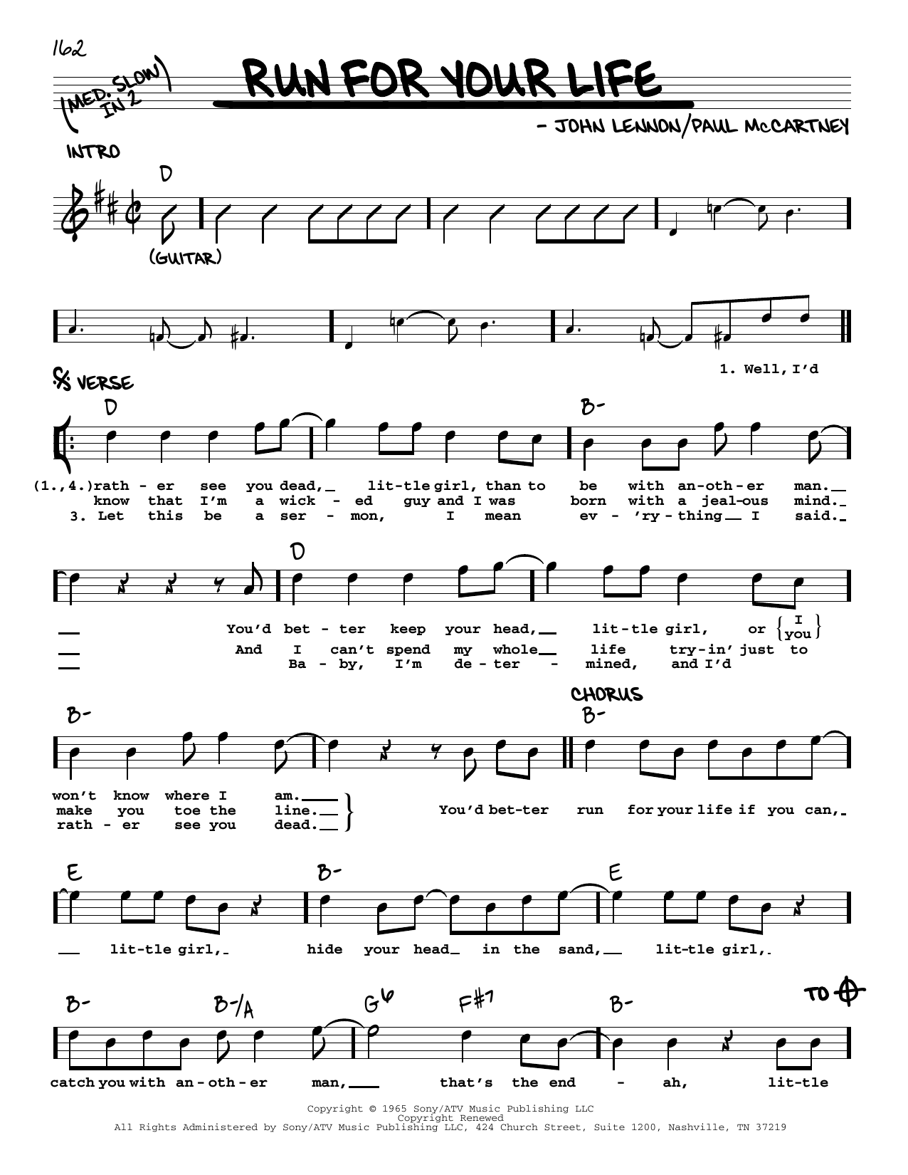 The Beatles Run For Your Life [Jazz version] Sheet Music Notes & Chords for Real Book – Melody, Lyrics & Chords - Download or Print PDF