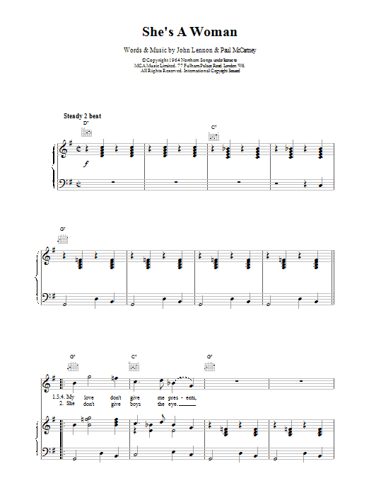The Beatles She's A Woman sheet music notes and chords. Download Printable PDF.