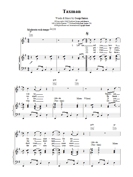 The Beatles Taxman Sheet Music Notes & Chords for Melody Line, Lyrics & Chords - Download or Print PDF