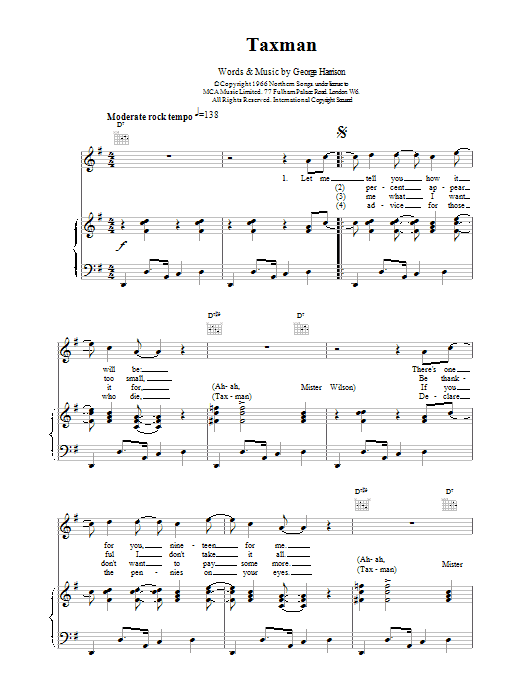 The Beatles Taxman Sheet Music Notes & Chords for Piano, Vocal & Guitar (Right-Hand Melody) - Download or Print PDF